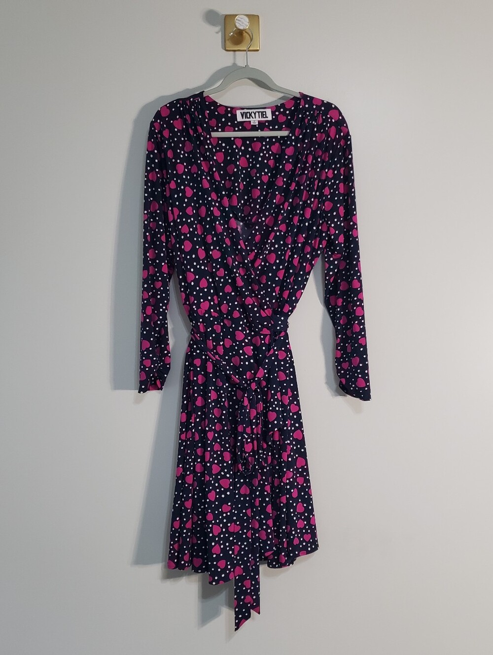 Vicky Tiel Vintage 80s Heart Polka Dot Midi Wrap Dress 1X Navy Blue Pink White